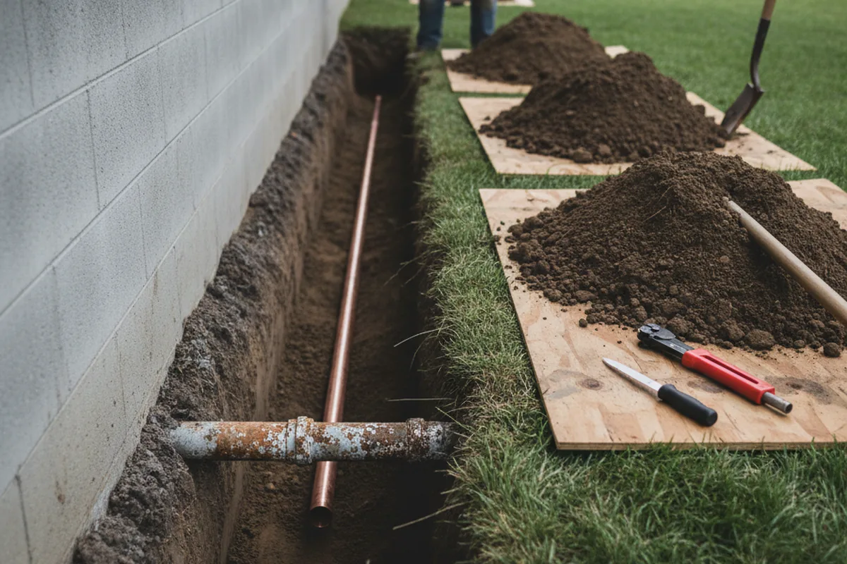 Excavated water line trench during Water Heater Repair in Sand Springs